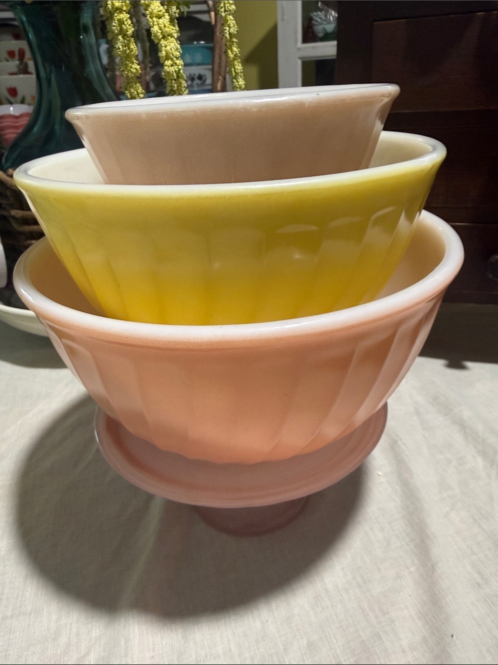 Coming soon, stores near you! Fire King Rainbow swirl mixing bowl set!